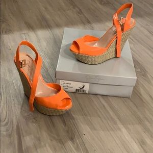Jessica Simpson neon orange patent platforms